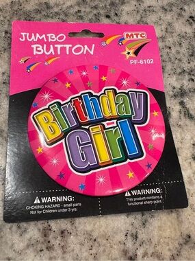 MT Birthday Girl Jumbo Button - Pink Multicolor Lettering